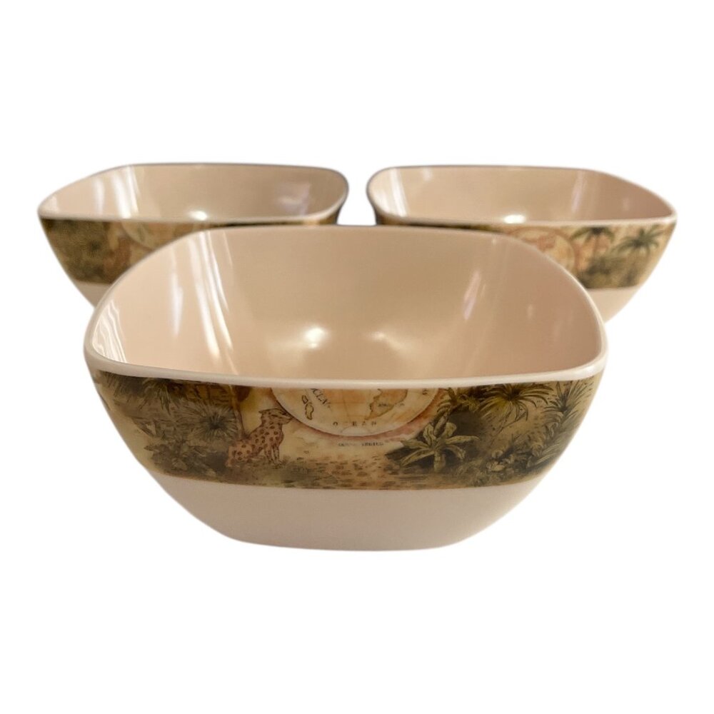 Set of 3 Melamine Safari Map Bowls – Vintage Jungle Design, 5.5” Square, Made in